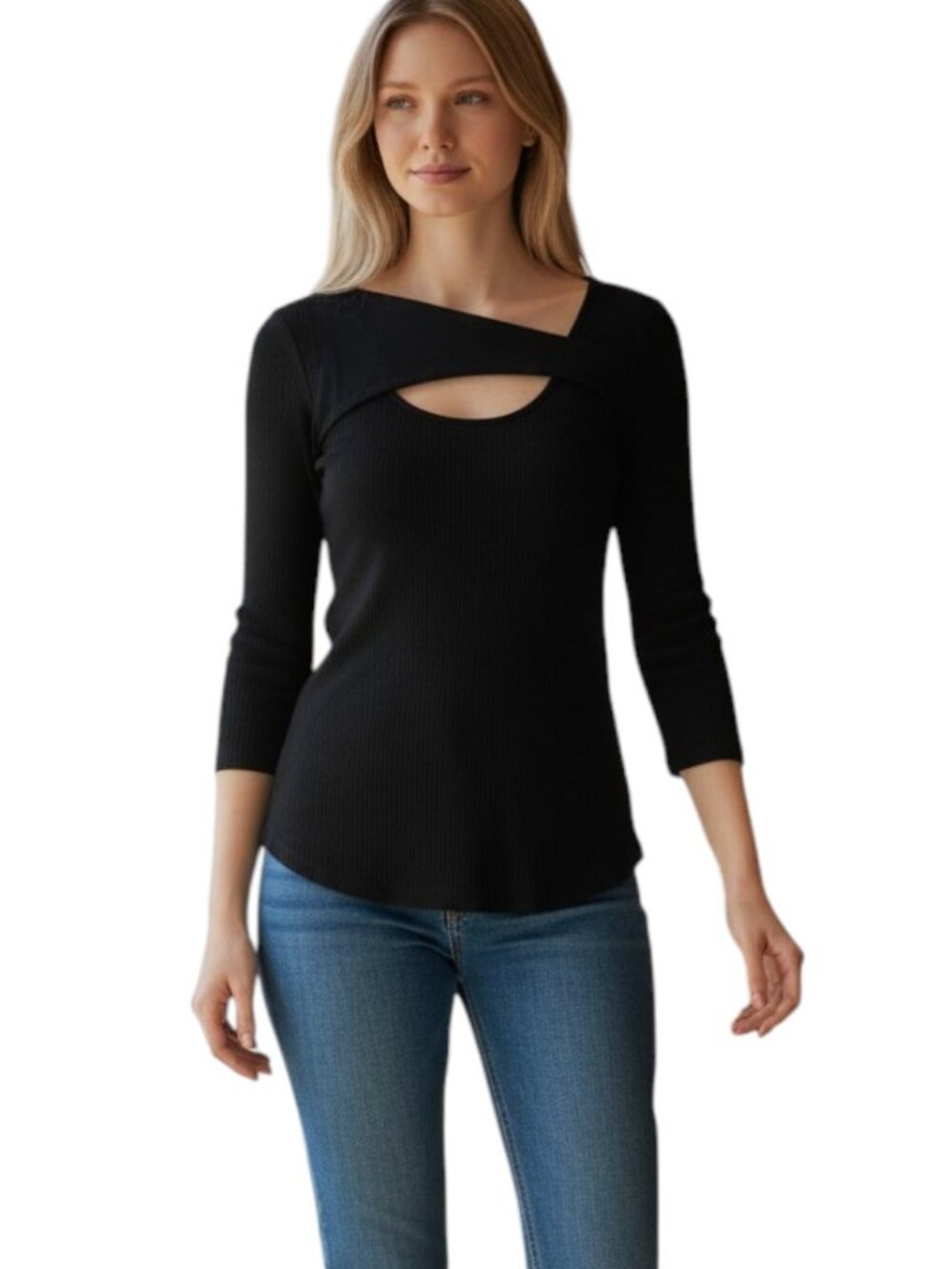 Rio & Rian Women's Black Ribbed Medium 3/4 Sleeve Pullover Top NWT